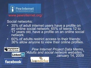 www.pewinternet.org / Social networks:  35% of adult internet users have a profile on an online social network; 65% of teens 12 to 17 years old, have a profile on an online social network 60% of adults restrict access to their friends; 36% allow anyone to view their online profiles.  Pew Internet Project Data Memo,  “Adults and social network websites,”  January 14, 2009  