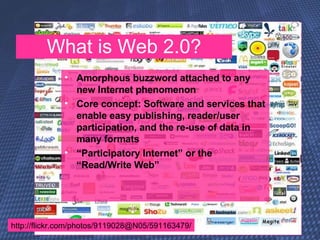 Intro to Web 2.0 http://flickr.com/photos/9119028@N05/591163479/ Amorphous buzzword attached to any new Internet phenomenon Core concept: Software and services that enable easy publishing, reader/user participation, and the re-use of data in many formats “ Participatory Internet” or the “Read/Write Web” What is Web 2.0? 