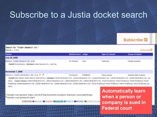 Subscribe to a Justia docket search Automatically learn when a person or company is sued in Federal court 