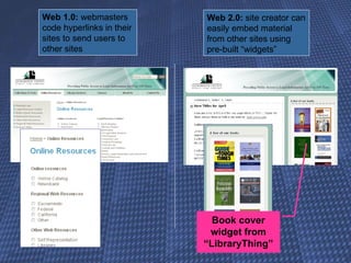 Web 1.0:  webmasters code hyperlinks in their sites to send users to other sites Web 2.0:  site creator can easily embed material from other sites using pre-built “widgets” Book cover widget from “LibraryThing” 