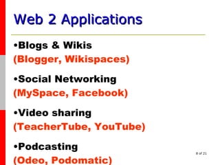 Web 2 Applications   Blogs & Wikis  (Blogger, Wikispaces) Social Networking  (MySpace, Facebook) Video sharing (TeacherTube, YouTube) Podcasting (Odeo, Podomatic) 