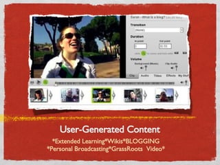 User-Generated Content *Extended Learning*Wikis*BLOGGING *Personal Broadcasting*GrassRoots  Video* 