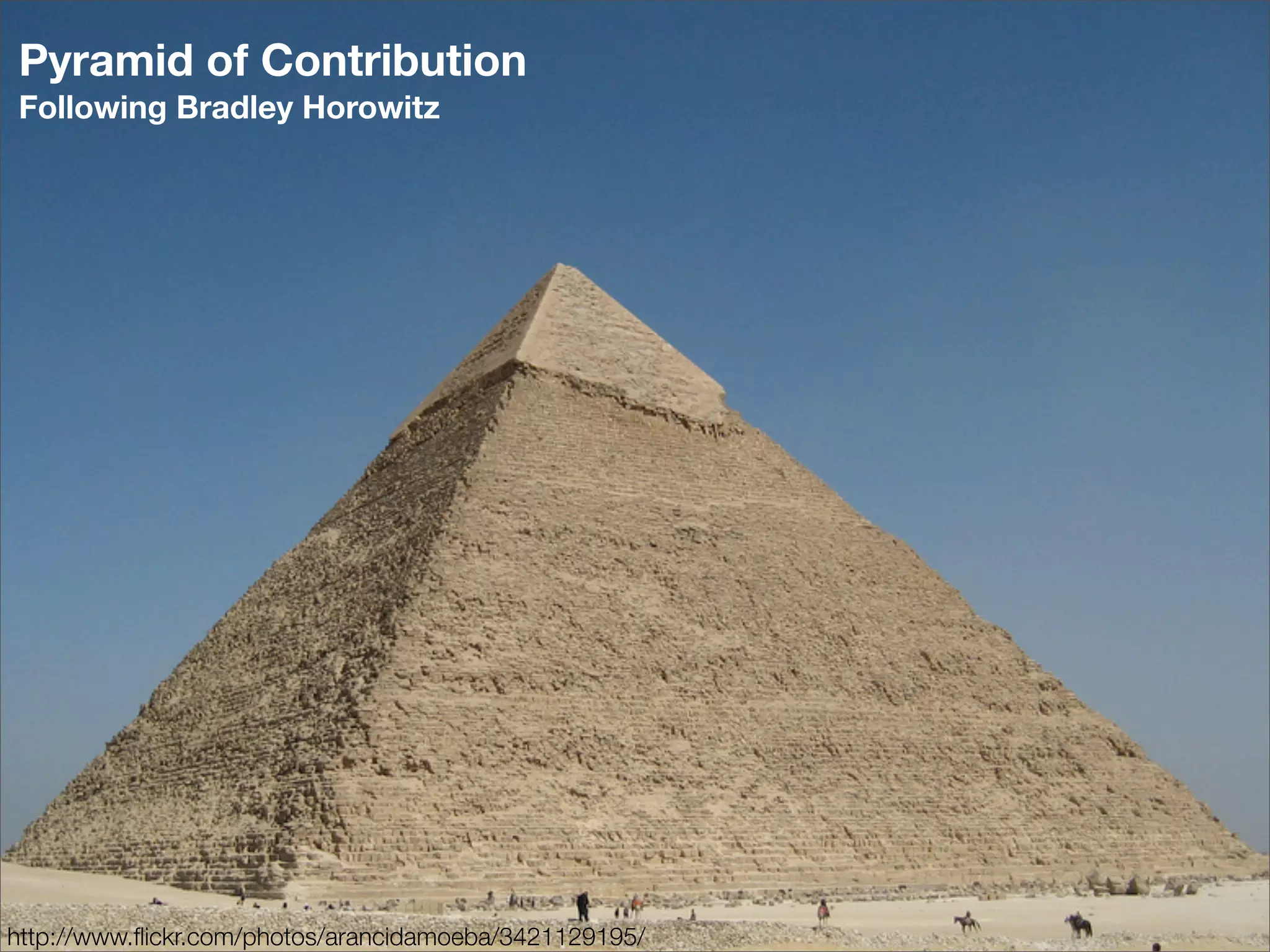Pyramid of Contribution
Following Bradley Horowitz




http://www.ﬂickr.com/photos/arancidamoeba/3421129195/
 