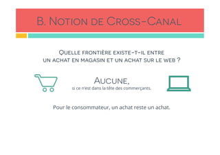B. Notion de Cross-Canal
Quelle frontière existe-t-il entre
un achat en magasin et un achat sur le web ?
Aucune,
si ce n’est dans la tête des commerçants.
Pour le consommateur, un achat reste un achat.
 