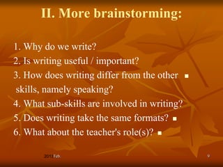 II. More brainstorming:

1. Why do we write?
2. Is writing useful / important?
3. How does writing differ from the other 
skills, namely speaking?
4. What sub-skills are involved in writing?
5. Does writing take the same formats? 
6. What about the teacher's role(s)? 

         Feb.                                 9
 