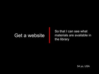 54 yo, USA Get a website So that I can see what materials are available in the library 