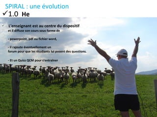 SPIRAL : une évolution 1.0  He   L'enseignant est au centre du dispositif  et il diffuse son cours sous forme de - powerpoint, pdf ou fichier word, - il rajoute éventuellement un  forum pour que les étudiants lui posent des questions. - Et un Quizz QCM pour s'entraîner  