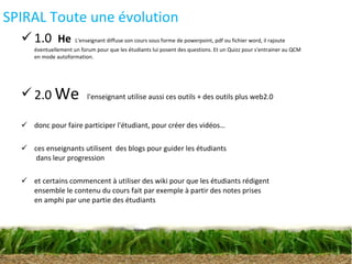SPIRAL Toute une évolution 1.0  He   L'enseignant diffuse son cours sous forme de powerpoint, pdf ou fichier word, il rajoute éventuellement un forum pour que les étudiants lui posent des questions. Et un Quizz pour s'entrainer au QCM en mode autoformation. 2.0  We  l'enseignant utilise aussi ces outils + des outils plus web2.0  donc pour faire participer l'étudiant, pour créer des vidéos…  ces enseignants utilisent  des blogs pour guider les étudiants  dans leur progression  et certains commencent à utiliser des wiki pour que les étudiants rédigent  ensemble le contenu du cours fait par exemple à partir des notes prises  en amphi par une partie des étudiants 