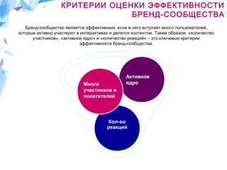 Бренд-сообщество является эффективным, если в него вступает много пользователей,
которые активно участвуют в интерактивах и делятся контентом. Таким образом, «количество
участников», «активное ядро» и «количество реакций» – это ключевые критерии
эффективности бренд-сообщества.
Кол-во
реакций
Активное
ядроМного
участников и
посетителей
КРИТЕРИИ ОЦЕНКИ ЭФФЕКТИВНОСТИ
БРЕНД-СООБЩЕСТВА
 