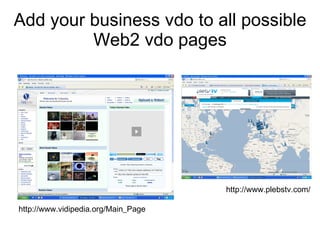 Add your business vdo to all possible Web2 vdo pages http://www.vidipedia.org/Main_Page http://www.plebstv.com/ 