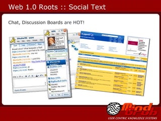 Web 1.0 Roots :: Social Text <ul><li>Chat, Discussion Boards  are HOT! </li></ul>