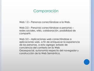 ComparaciónWeb 1.0 – Personas conectándose a la Web.Web 2.0 – Personas conectándose a personas – redes sociales, wikis, colaboración, posibilidad de compartir.Web 3.0 – Aplicaciones web conectándose a aplicaciones web, a fin de enriquecer la experiencia de las personas, a esto agrega: estado de conciencia del contexto en la Web Geoespacial, autonomía respecto del navegador y construcción de la Web Semántica.