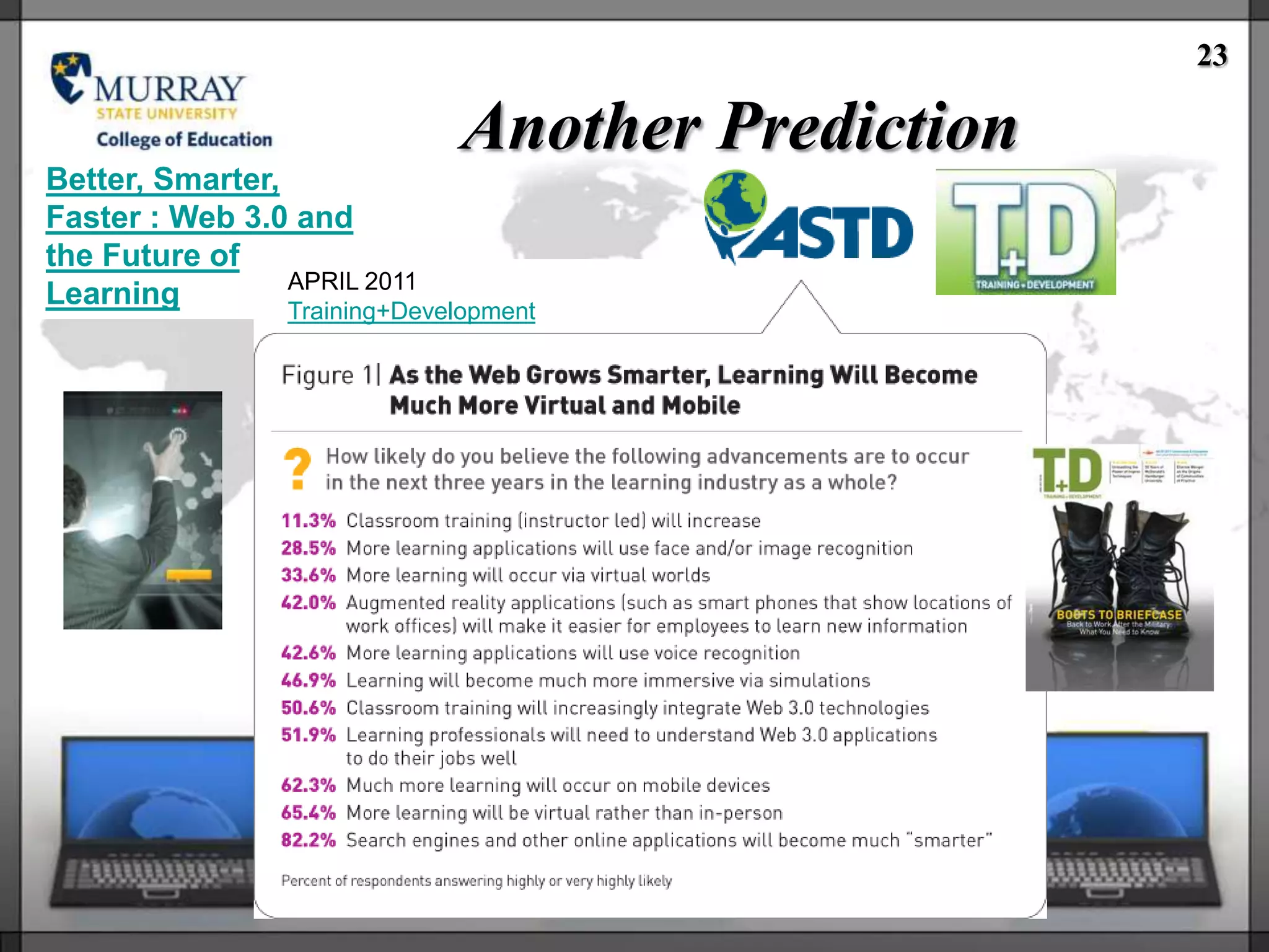 23

                               Another Prediction
Better, Smarter,
Faster : Web 3.0 and
the Future of
                 APRIL 2011
Learning         Training+Development
 