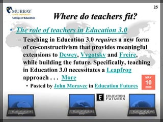 25

               Where do teachers fit?
• The role of teachers in Education 3.0
  – Teaching in Education 3.0 requires a new form
    of co-constructivism that provides meaningful
    extensions to Dewey, Vygotsky and Freire,
    while building the future. Specifically, teaching
    in Education 3.0 necessitates a Leapfrog
    approach . . . More
     • Posted by John Moravec in Education Futures
 