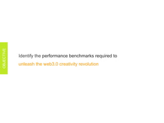 Identify the  performance benchmarks required to  unleash the web3.0 creativity revolution  OBJECTIVE 