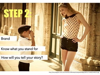 Brand
STEP 2:
Know what you stand for
How will you tell your story?
h.p://4.bp.blogspot.com/-­‐ViIm70clEV0/T5fMvsWjJPI/AAAAAAAABgs/dBTN1-­‐P1W04/s1600/19.jpg	
 
 