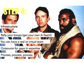 Infrastructure
STEP 4:
Rally your troops (get your own A-Team!)
You can have a real or virtual team
Outsource for gaps in expertise
Process, process, process
 