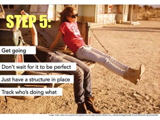Get going
STEP 5:
Don’t wait for it to be perfect
Just have a structure in place
Track who’s doing what
Image	
 credit:	
 h.ps://encrypted-­‐tbn2.gstaDc.com/images?q=tbn:ANd9GcTyLl_54k0XjzGUWggHbbd8B1Frqu6r0MSZQ4tndEpyzC6Q2BKr	
 
 