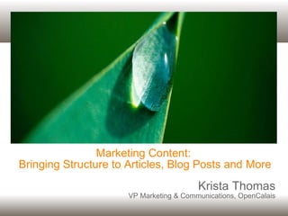 Marketing Content:  Bringing Structure to Articles, Blog Posts and More Krista Thomas VP Marketing & Communications, OpenCalais 