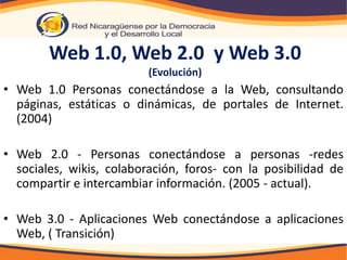Web 1.0, Web 2.0 y Web 3.0
                          (Evolución)
• Web 1.0 Personas conectándose a la Web, consultando
  p...