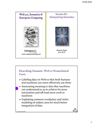 24-06-2010




      Web 3.0, Semantics &                  Session III –
      Enterprise Computing             Enterprising Semantics




                                             Nagaraju Pappu
                                               June 2010
           www.canopusconsulting.com




     Describing Semantic Web to Nontechnical
     Users
          Labeling data on Web so that both humans
           and machines can more effectively use them
          Associating meaning to data that machines
2

           can understand so as to achieve lot more
           automation and off-load more work to
           machines
          Exploiting common vocabulary and richer
           modeling of subject area for much better
           integration of data

© Canopus Consulting




                                                                        1
 