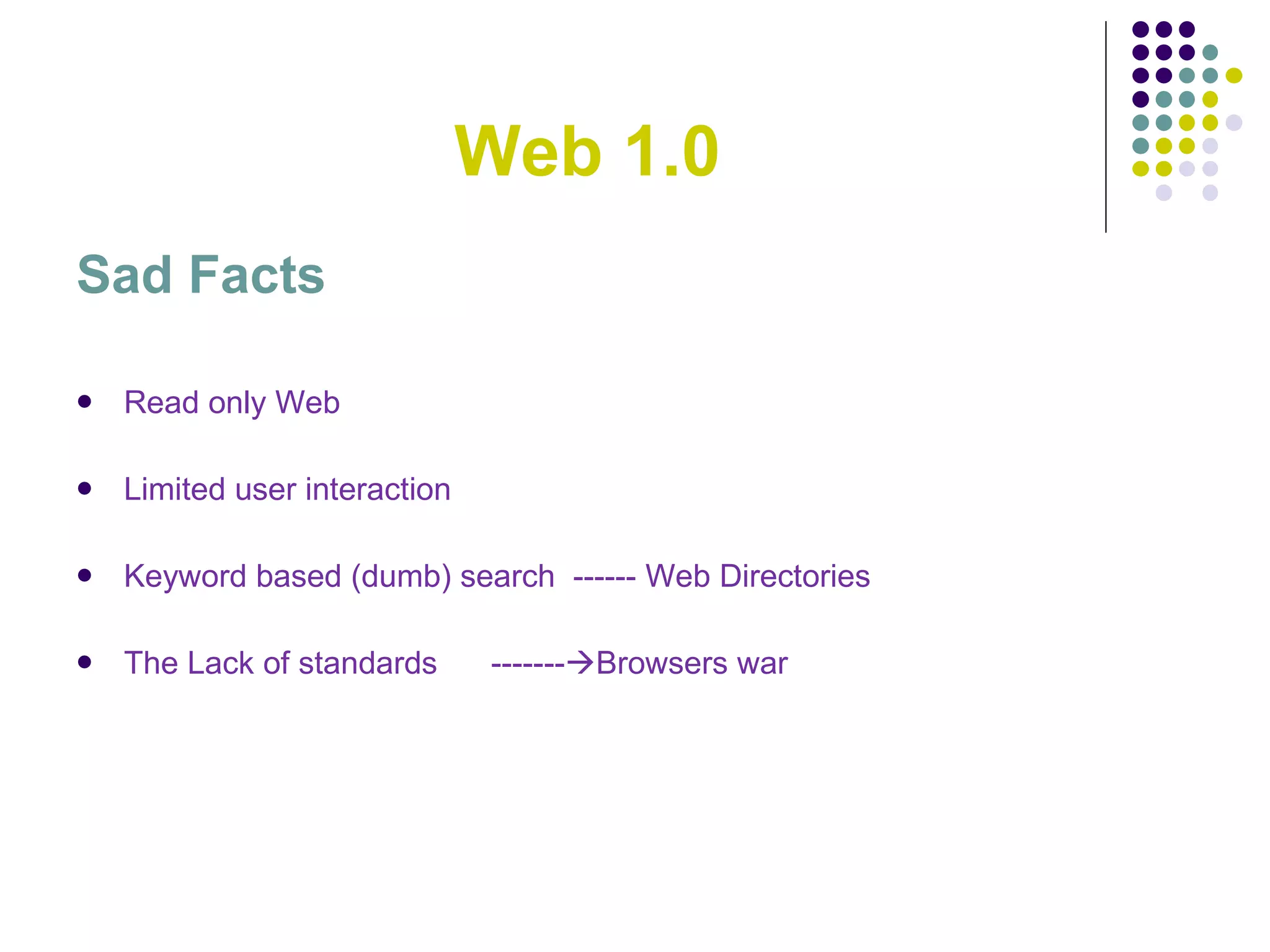 Web 1.0 Sad Facts Read only Web Limited user interaction Keyword based (dumb) search  ------ Web Directories The Lack of standards  -------  Browsers war 