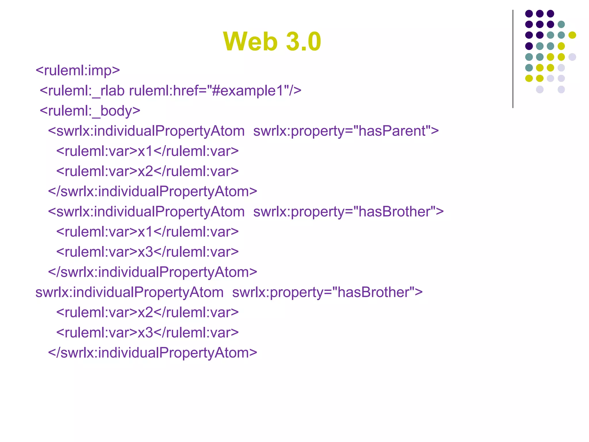Web 3.0 <ruleml:imp>  <ruleml:_rlab ruleml:href=&quot;#example1&quot;/> <ruleml:_body>  <swrlx:individualPropertyAtom  swrlx:property=&quot;hasParent&quot;>  <ruleml:var>x1</ruleml:var> <ruleml:var>x2</ruleml:var> </swrlx:individualPropertyAtom>  <swrlx:individualPropertyAtom  swrlx:property=&quot;hasBrother&quot;>  <ruleml:var>x1</ruleml:var> <ruleml:var>x3</ruleml:var> </swrlx:individualPropertyAtom>  swrlx:individualPropertyAtom  swrlx:property=&quot;hasBrother&quot;>  <ruleml:var>x2</ruleml:var> <ruleml:var>x3</ruleml:var> </swrlx:individualPropertyAtom>  