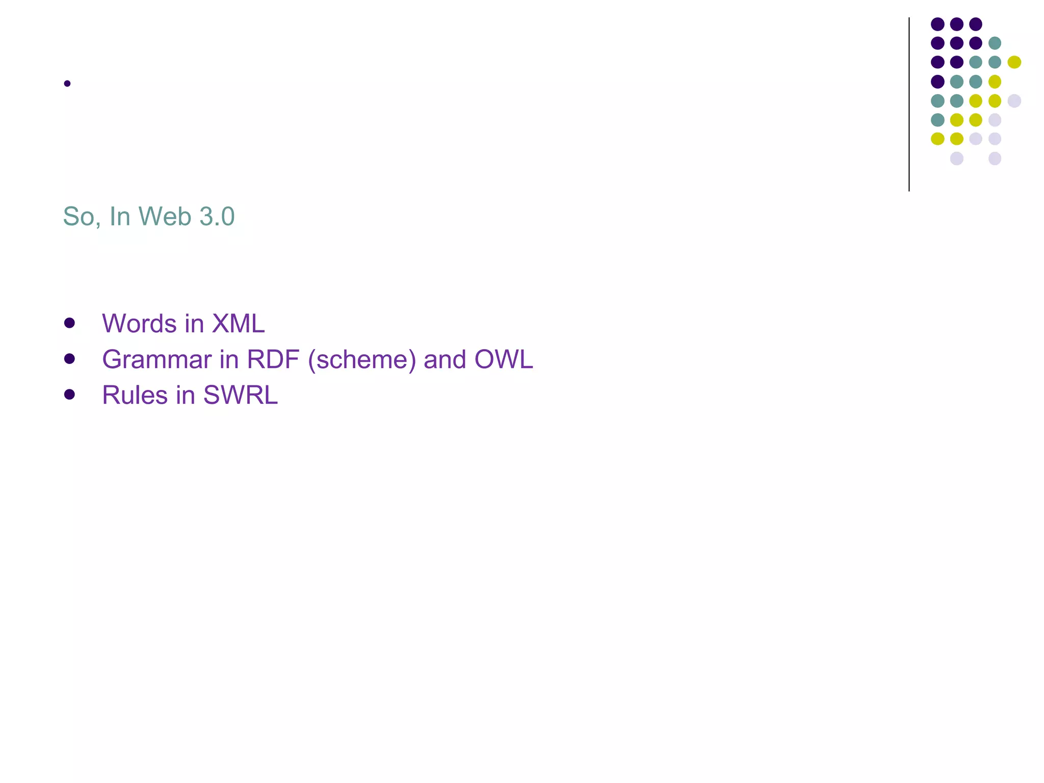 So, In Web 3.0 Words in XML  Grammar in RDF (scheme) and OWL Rules in SWRL 