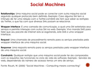 Social Machines
Relationships: Uma máquina social pode se conectar com outra máquina social
seguindo qualquer protocolo bem definido. Exemplo: Caso alguma SM tem a
intenção de ter uma relação com o Twitter.com(SM) ela tem que saber as restrições
do Twitter, o que faz com que diversas SMs possam se relacionar.
Wrapper interface: É uma camada de comunicação, a qual uma SM exterioriza seus
serviços e permite interação com outras SM na web. Exemplo: Vivo manda SMS para
falar que seu pacote de internet está se esgotando, este SMS é uma wrapper
interface.
Request: Uma chamada de procedimento remoto para os serviços prestados pela
wrapper interface de uma máquina social.
Response: Uma resposta remota para os serviços prestados pela wrapper interface
de uma máquina social.
Constraints: Qualquer restrição que uma máquina social pode ter são comparados
com os requisitos não funcionais no ciclo de vida do software. Exemplo : Servidor da
web, dependendo do número de acessos temos um erro de serviço.
Fonte: Roush, W. (2005) “Social Machines - Computing means connecting”
 