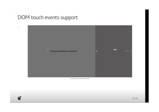 DOM touch events support 
VVVVViiiiidddddeeeeeooooo fffffooooorrrrrmmmmmaaaaattttt ooooorrrrr MMMMMIIIIIMMMMMEEEEE tttttyyyyypppppeeeee iiiiisssss nnnnnooooottttt sssssuuuuuppppppppppooooorrrrrttttteeeeeddddd..... 
00::0000 
screencast by Carlos Garnacho 
· 
22/36 
 
