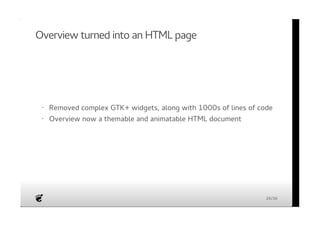 Overview turned into an HTML page 
Removed complex GTK+ widgets, along with 1000s of lines of code 
Overview now a themable and animatable HTML document 
· 
· 
26/36 
 