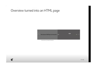 Overview turned into an HTML page 
VVVVViiiiidddddeeeeeooooo fffffooooorrrrrmmmmmaaaaattttt ooooorrrrr MMMMMIIIIIMMMMMEEEEE tttttyyyyypppppeeeee iiiiisssss nnnnnooooottttt sssssuuuuuppppppppppooooorrrrrttttteeeeeddddd..... 
00::0000 
screencast by Claudio Saavedra 
27/36 
 