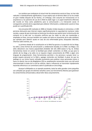11 Web 3.0: integración de la Web Semántica y la Web 2.0
Los cambios que condujeron al actual nivel de compromiso social en línea, no han sido
radicales o individualmente significativos, lo que explica que el término Web 2.0 se ha creado
en gran medida después de los hechos, sin embargo, este conjunto de innovaciones en la
arquitectura y los patrones de uso de la Web ha dado lugar a un papel totalmente diferente
del mundo en línea como plataforma para la comunicación y la interacción social. El
consiguiente aumento de la capacidad para obtener información y colaboración social en línea
puede ser cuantificado [23] .
Una encuesta [24] realizada en 2006 en Estados Unidos basada en entrevistas a 2.200
personas demuestra que Internet mejora significativamente la capacidad de mantener redes
sociales, a pesar de que al principio se temía por los efectos que podría tener la disminución de
contacto en la vida real. La encuesta confirma que las redes no sólo son mantenidas y
ampliadas en línea, sino que también son usadas con éxito en situaciones de la vida cotidiana,
por ejemplo para obtener ayuda en caso de una enfermedad grave, búsquedas laborales,
informar sobre eventos, etc.
La primera oleada de la socialización en la Web fue gracias a la aparición de los blogs,
las wikis y otras formas de comunicación y colaboración basadas en la Web. Los Blogs y las
wikis obtuvieron una masiva popularidad alrededor del año 2003 (véase la Fig. 6). Ambas
herramientas tienen en común la facilidad para añadir contenido a la Web, ya que para la
edición de los blogs y las wikis no se requiere ningún conocimiento de HTML o algún otro
lenguaje de programación. Estas herramientas permiten a las personas o grupos tener su
propio espacio personal en la Web y agregar contenido con facilidad. A pesar de que los
weblogs en sus inicios fueron utilizados puramente para publicar cosas personales (como si
fuera un diario), hoy en día BlogSphere [25] es ampliamente reconocida como una red social
interconectada a través de la cual las noticias, ideas e influencias se transmiten rápidamente
haciendo referencia o un comentario sobre lo publicado en otros blogs.
Aunque la Wikipedia es un ejemplo excelente, tanto las wikis grandes como pequeñas
son utilizadas por grupos de distintos tamaños como una herramienta efectiva para gestionar
los conocimientos almacenados y desarrollar ideas conjuntamente.
 