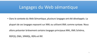 • Dans le contexte du Web Sémantique, plusieurs langages ont été développés. La
plupart de ces langages reposent sur XML ou utilisent XML comme syntaxe. Nous
allons présenter brièvement certains langages principaux XML, XML Schéma,
RDF(S), OWL, SPARQL, RDFa et RIF.
Langages du Web sémantique
11
 