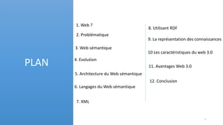 PLAN
2. Problématique
4. Evolution
10 Les caractéristiques du web 3.0
5. Architecture du Web sémantique
6. Langages du Web sémantique
8. Utilisant RDF
9. La représentation des connaissances
12. Conclusion
2
7. XML
1. Web ?
11. Avantages Web 3.0
3. Web sémantique
 