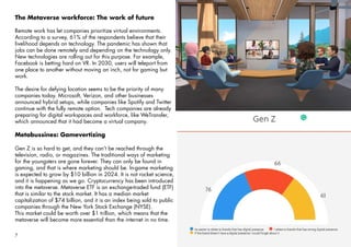 7 anumak.com
The Metaverse workforce: The work of future
Remote work has let companies prioritize virtual environments.
According to a survey, 61% of the respondents believe that their
livelihood depends on technology. The pandemic has shown that
jobs can be done remotely and depending on the technology only.
New technologies are rolling out for this purpose. For example,
Facebook is betting hard on VR. In 2030, users will teleport from
one place to another without moving an inch, not for gaming but
work.
The desire for defying location seems to be the priority of many
companies today. Microsoft, Verizon, and other businesses
announced hybrid setups, while companies like Spotify and Twitter
continue with the fully remote option. Tech companies are already
preparing for digital workspaces and workforce, like WeTransfer,
which announced that it had become a virtual company.
Metabussines: Gamevertizing
Gen Z is so hard to get, and they can’t be reached through the
television, radio, or magazines. The traditional ways of marketing
for the youngsters are gone forever. They can only be found in
gaming, and that is where marketing should be. In-game marketing
is expected to grow by $10 billion in 2024. It is not rocket science,
and it is happening as we go. Cryptocurrency has been introduced
into the metaverse. Metaverse ETF is an exchange-traded fund (ETF)
that is similar to the stock market. It has a median market
capitalization of $74 billion, and it is an index being sold to public
companies through the New York Stock Exchange (NYSE).
This market could be worth over $1 trillion, which means that the
metaverse will become more essential than the internet in no time.
 