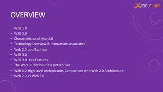 OVERVIEW
• WEB 1.0
• WEB 2.0
• Characteristics of web 2.0
• Technology Overview & Innovations associated
• Web 2.0 and Business
• WEB 3.0
• WEB 3.0 Key Features
• The Web 3.0 for business enterprises
• Web 3.0 High Level Architecture, Comparison with Web 2.0 Architecture
• Web 2.0 vs Web 3.0
 