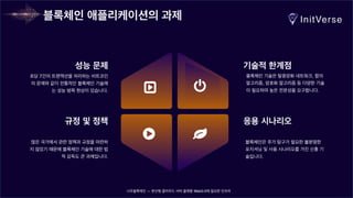 너무블록체인 — 분산형 클라우드 서버 플랫폼 Web3.0에 필요한 인프라
블록체인 애플리케이션의 과제
성능 문제
초당 7건의 트랜잭션을 처리하는 비트코인
의 문제와 같이 전통적인 블록체인 기술에
는 성능 병목 현상이 있습니다.
규정 및 정책
많은 국가에서 관련 정책과 규정을 마련하
지 않았기 때문에 블록체인 기술에 대한 법
적 감독도 큰 과제입니다.
기술적 한계점
블록체인 기술은 탈중앙화 네트워크, 합의
알고리즘, 암호화 알고리즘 등 다양한 기술
이 필요하며 높은 전문성을 요구합니다.
응용 시나리오
블록체인은 추가 탐구가 필요한 불분명한
포지셔닝 및 사용 시나리오를 가진 신흥 기
술입니다.
 