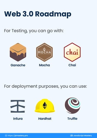 Web 3.0 Roadmap
Ganache Mocha Chai
Hardhat Truffle
Infura
For Testing, you can go with:
For deployment purposes, you can use:
https://jsmastery.pro JavaScript Mastery
 