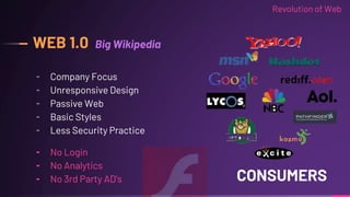 ╸ Company Focus
╸ Unresponsive Design
╸ Passive Web
╸ Basic Styles
╸ Less Security Practice
WEB 1.0
╸ No Login
╸ No Analytics
╸ No 3rd Party AD’s
Big Wikipedia
CONSUMERS
Revolution of Web
 