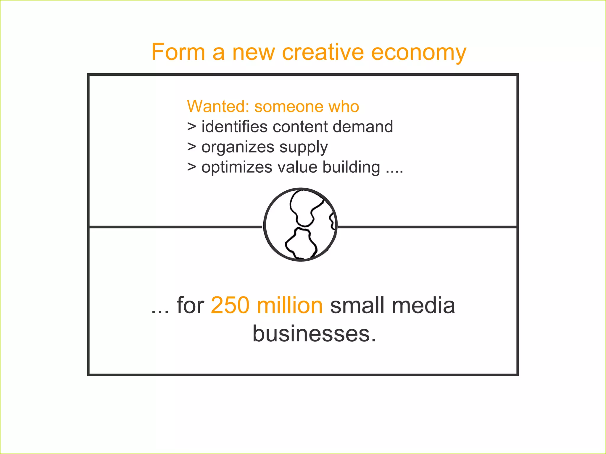 Wanted: someone who  > identifies content demand > organizes supply > optimizes value building ....  ... for  250 million  small media businesses. Form a new creative economy  