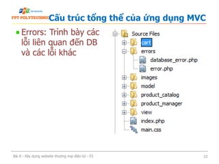 Errors: Trình bày các
lỗi liên quan đến DB
và các lỗi khác
Cấu trúc tổng thể của ứng dụng MVC
Bài 8 - Xây dựng website thương mại điện tử - P2 23
 