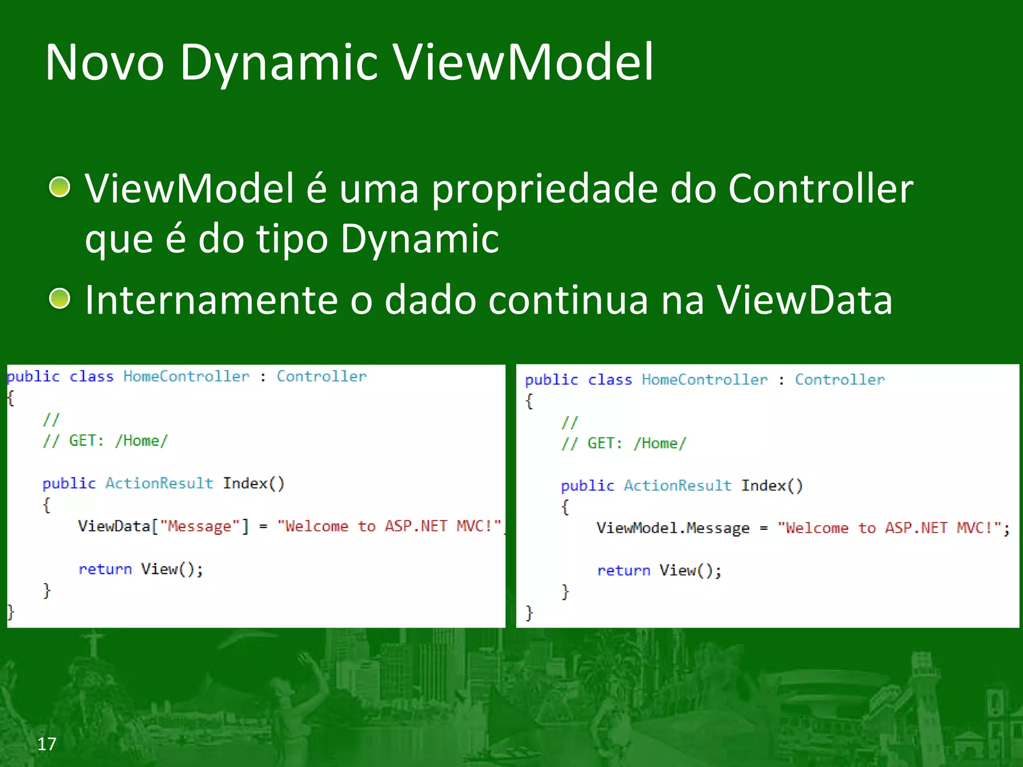 Novo Dynamic ViewModel ViewModel é uma propriedade do Controller que é do tipo Dynamic Internamente o dado continua na ViewData 