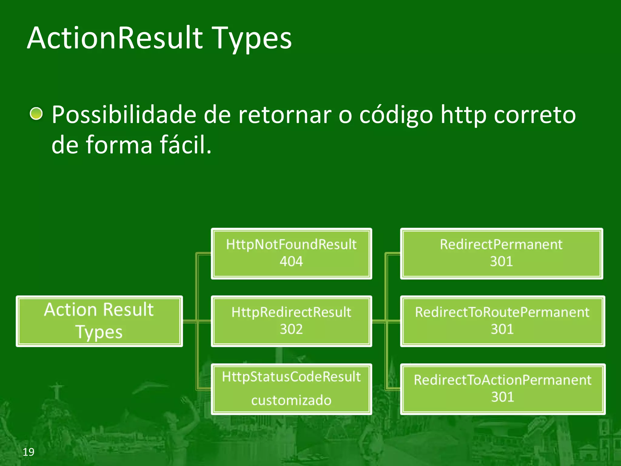 ActionResult Types Possibilidade de retornar o código http correto de forma fácil. 