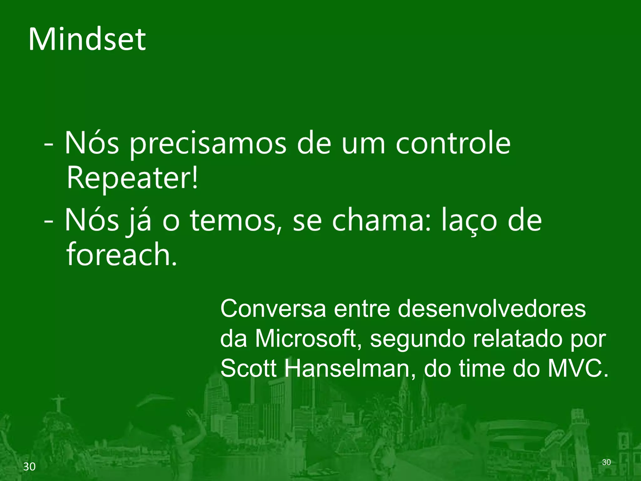 Mindset Conversa entre desenvolvedores da Microsoft, segundo relatado por Scott Hanselman, do time do MVC. 