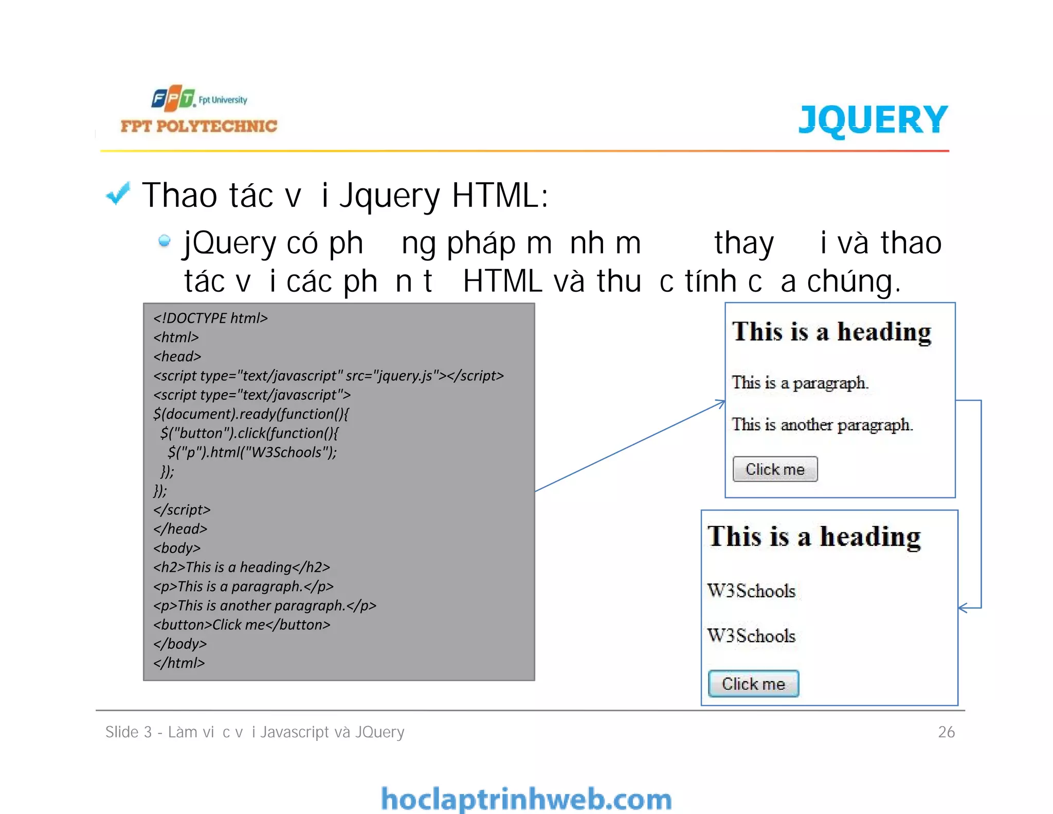 JQUERY
Thao tác với Jquery HTML:
jQuery có phương pháp mạnh mẽ để thay đổi và thao
tác với các phần tử HTML và thuộc tính của chúng.
<!DOCTYPE html>
<html>
<head>
<script type="text/javascript" src="jquery.js"></script>
<script type="text/javascript">
$(document).ready(function(){
$("button").click(function(){
$("p").html("W3Schools");
});
});
</script>
</head>
<body>
<h2>This is a heading</h2>
<p>This is a paragraph.</p>
<p>This is another paragraph.</p>
<button>Click me</button>
</body>
</html>
Slide 3 - Làm việc với Javascript và JQuery 26
<!DOCTYPE html>
<html>
<head>
<script type="text/javascript" src="jquery.js"></script>
<script type="text/javascript">
$(document).ready(function(){
$("button").click(function(){
$("p").html("W3Schools");
});
});
</script>
</head>
<body>
<h2>This is a heading</h2>
<p>This is a paragraph.</p>
<p>This is another paragraph.</p>
<button>Click me</button>
</body>
</html>
 