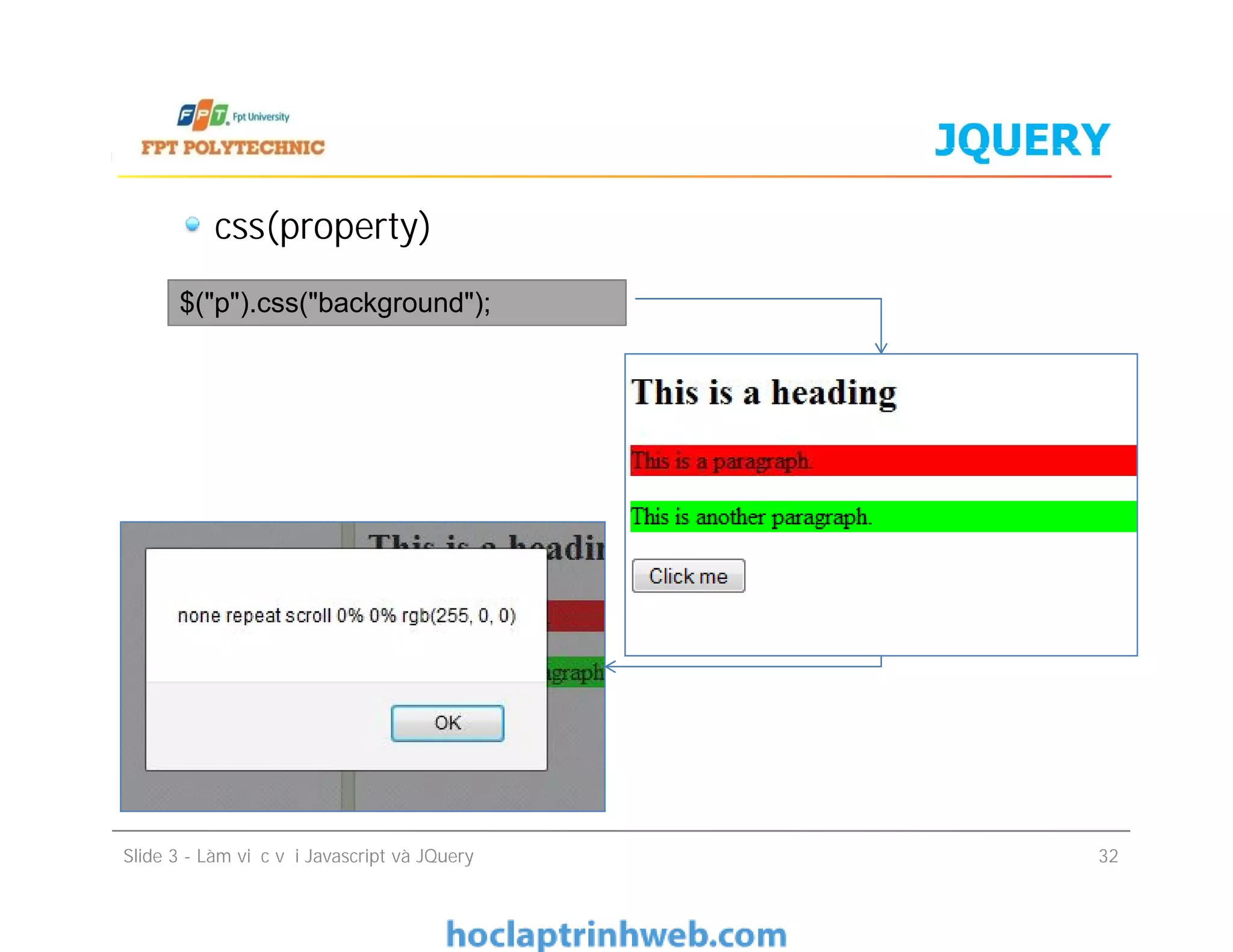 JQUERY
css(property)
$("p").css("background");
Slide 3 - Làm việc với Javascript và JQuery 32
 