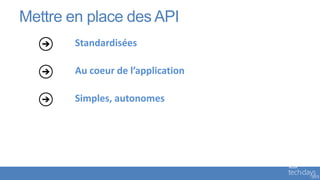 Mettre en place des API
        Standardisées

        Au coeur de l’application

        Simples, autonomes
 