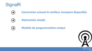 SignalR
          Connection suivant le meilleur transport disponible

          Abstraction simple

          Modèle de programmation unique
 