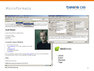 Microformats




                          - vCard
                          - Event
                          - Reviews
                          - Tags

http://microformats.org
                                      15
 